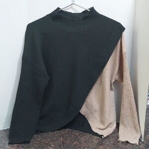 Stylish Black and Tan Turtleneck Wrap  Sweater with Asymmetrical Design.